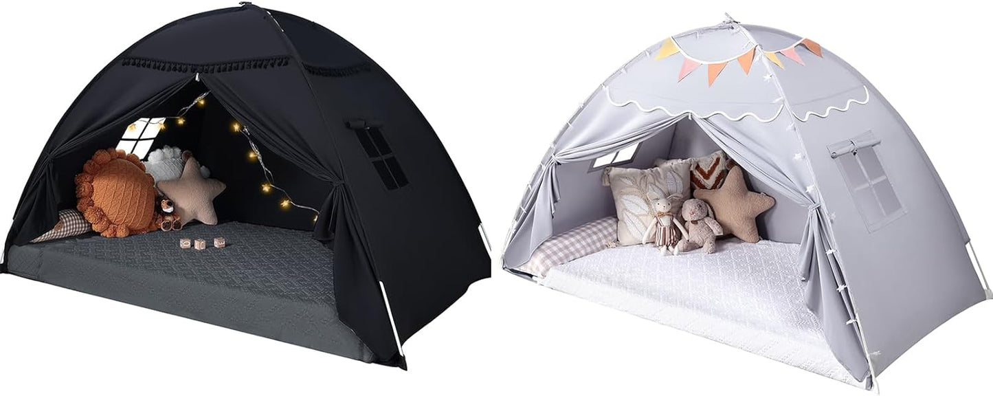 Twin Size Bed Canopy: Lights & Flags Indoor Floor Bed Kids Tent Playhouse - Portable & Foldable Twin Bunk Curtains - Girls & Boys Bedroom Privacy Space Blackout Tents Slumber