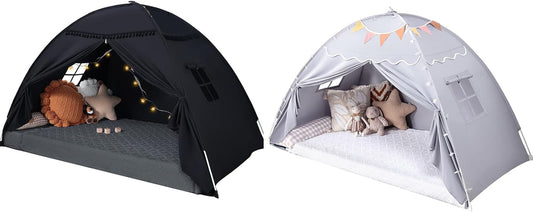 Twin Size Bed Canopy: Lights & Flags Indoor Floor Bed Kids Tent Playhouse - Portable & Foldable Twin Bunk Curtains - Girls & Boys Bedroom Privacy Space Blackout Tents Slumber