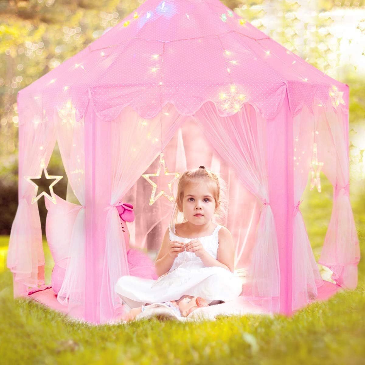 Princess Castle Tent for Girls Fairy Play Tents for Kids Hexagon Playhouse with Big Fairy Star Lights Toys for Children or Toddlers Indoor or Outdoor Games (Pink Princess Tent with Big Star Lights)