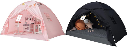 Twin Size Bed Canopy: Lights & Flags Indoor Floor Bed Kids Tent Playhouse - Portable & Foldable Twin Bunk Curtains - Girls & Boys Bedroom Privacy Space Blackout Tents Slumber