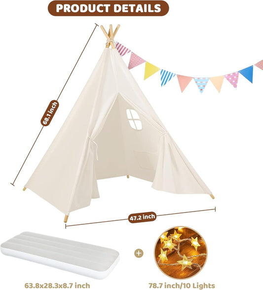 Sumbababy 4 Pack Teepee Tent for Kids Slumber Party - Sleepover Tents with Inflatable Airbeds, Natural Canvas Play Tent Indoor, Washable Fabric, Carry Bag, Lights & Colorful Flags