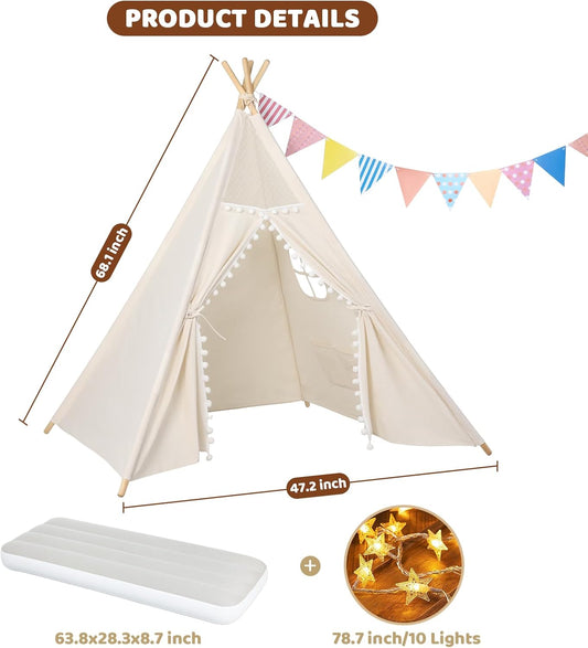 Sumbababy 2 Pack Sleepover Tents for Girls Party - Kids Teepee Tent with Inflatable Airbed - Boho Toddler Tents Indoor - Washable Foldable Slumber Party Tent