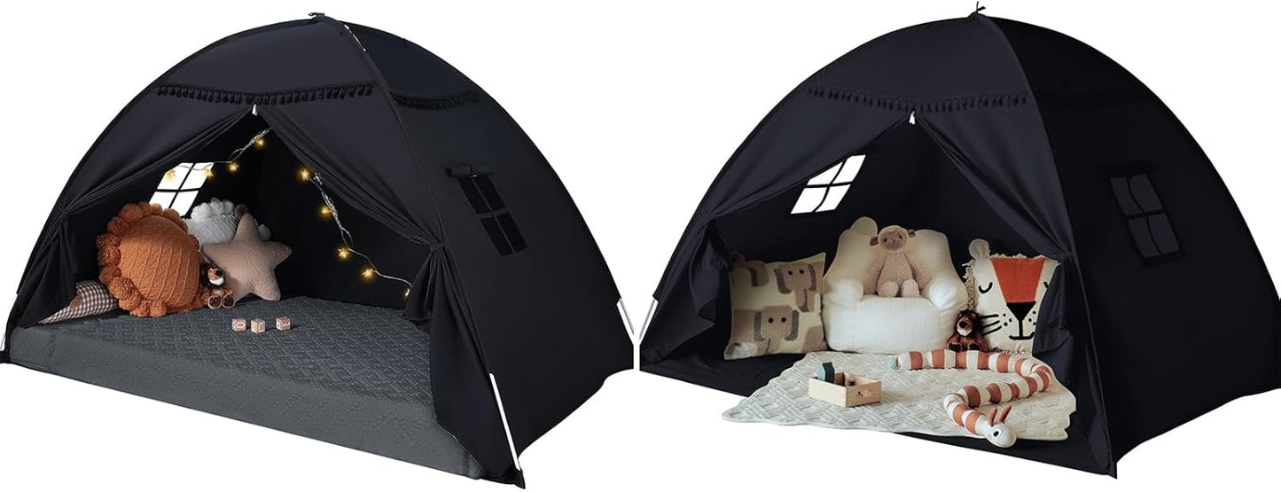 Twins Size Bed Canopy: Lights & Flags Indoor Floor Bed Kids Tent Playhouse - Portable & Foldable Twin Bunk Curtains - Girls & Boys Bedroom Privacy Space Blackout Tents Slumber Gifts (Black) Visit the S
