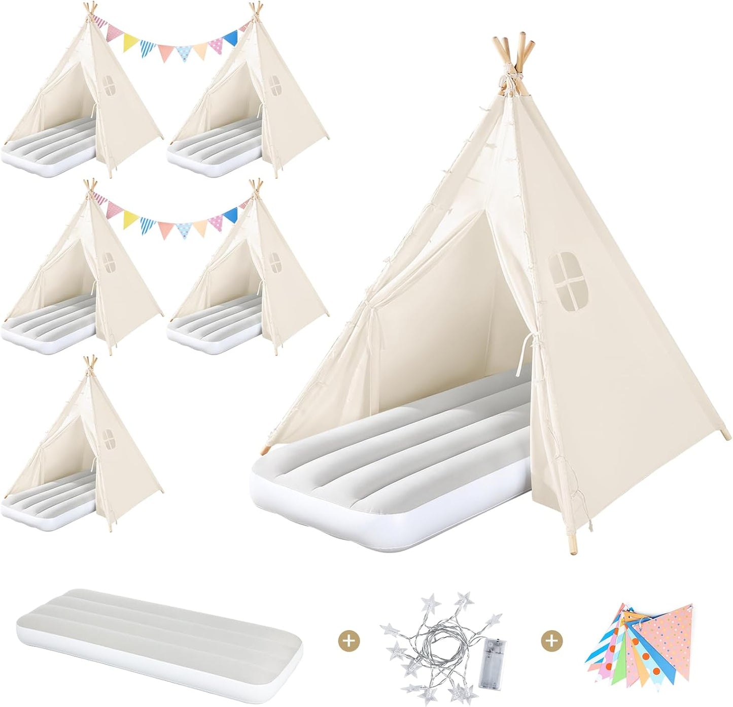 Sumbababy 6 Pack Teepee Tent for Kids Slumber Party - Sleepover Tents with Inflatable Airbeds, Natural Canvas Play Tent Indoor, Washable Fabric, Carry Bag, Lights & Colorful Flags