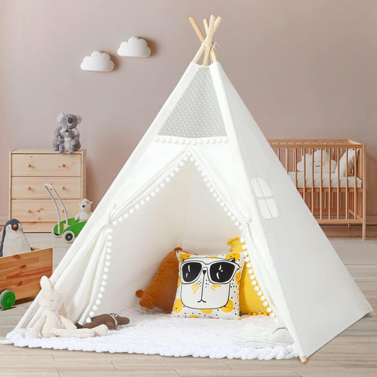 Sumbababy Kids Teepee Tent for Toddlers Indoor- Play Tents for Girls & Boys Slumber Party - Washable Tipi Sleepover Tent Kid Boho Toddler Tents with Lights & Carry Bag - Foldable Outdoor Gift Toys