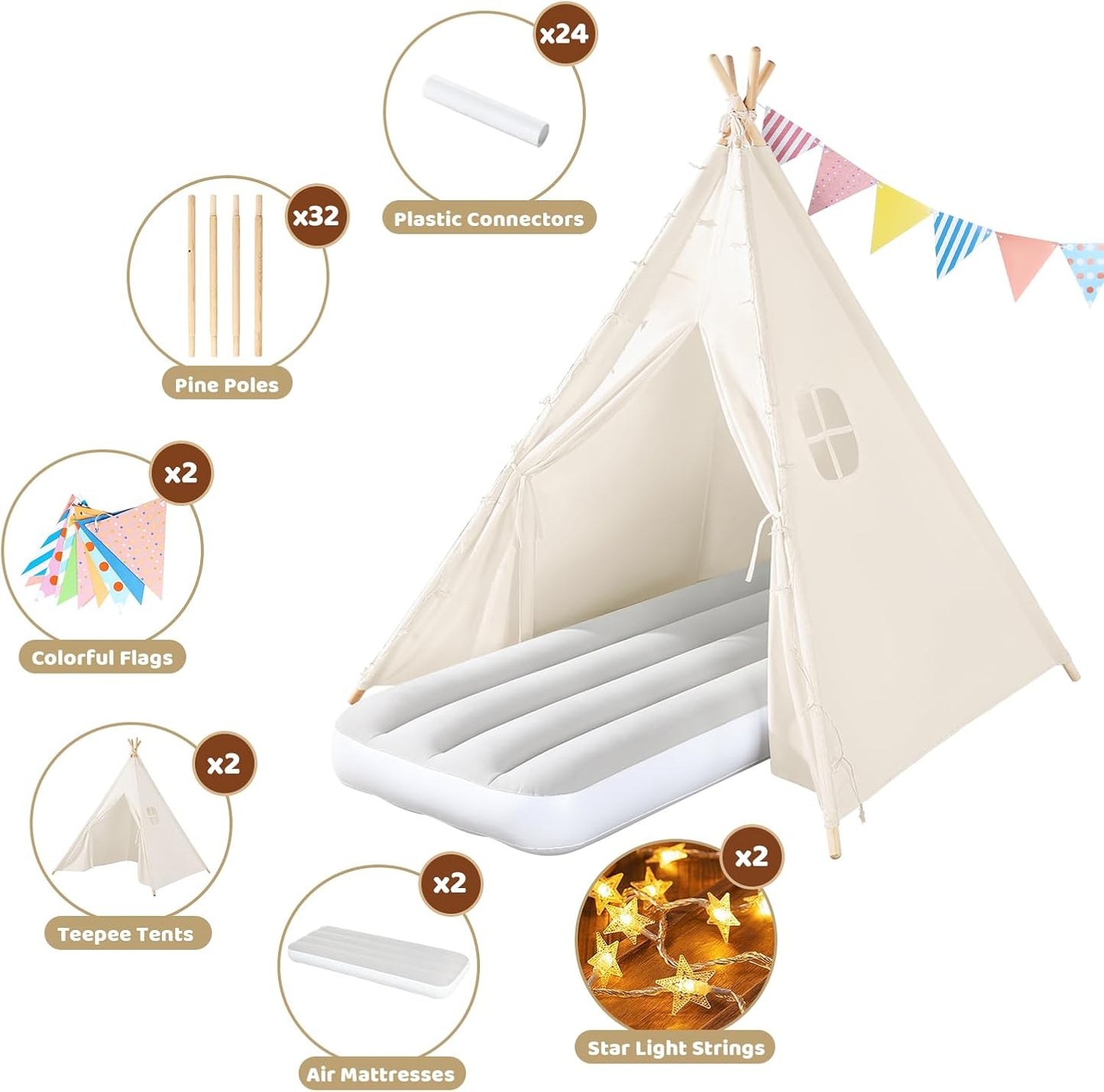 Sumbababy 2 Pack Teepee Tent for Kids Slumber Party - Sleepover Tents with Inflatable Airbeds, Natural Canvas Play Tent Indoor, Washable Fabric, Carry Bag, Lights & Colorful Flags