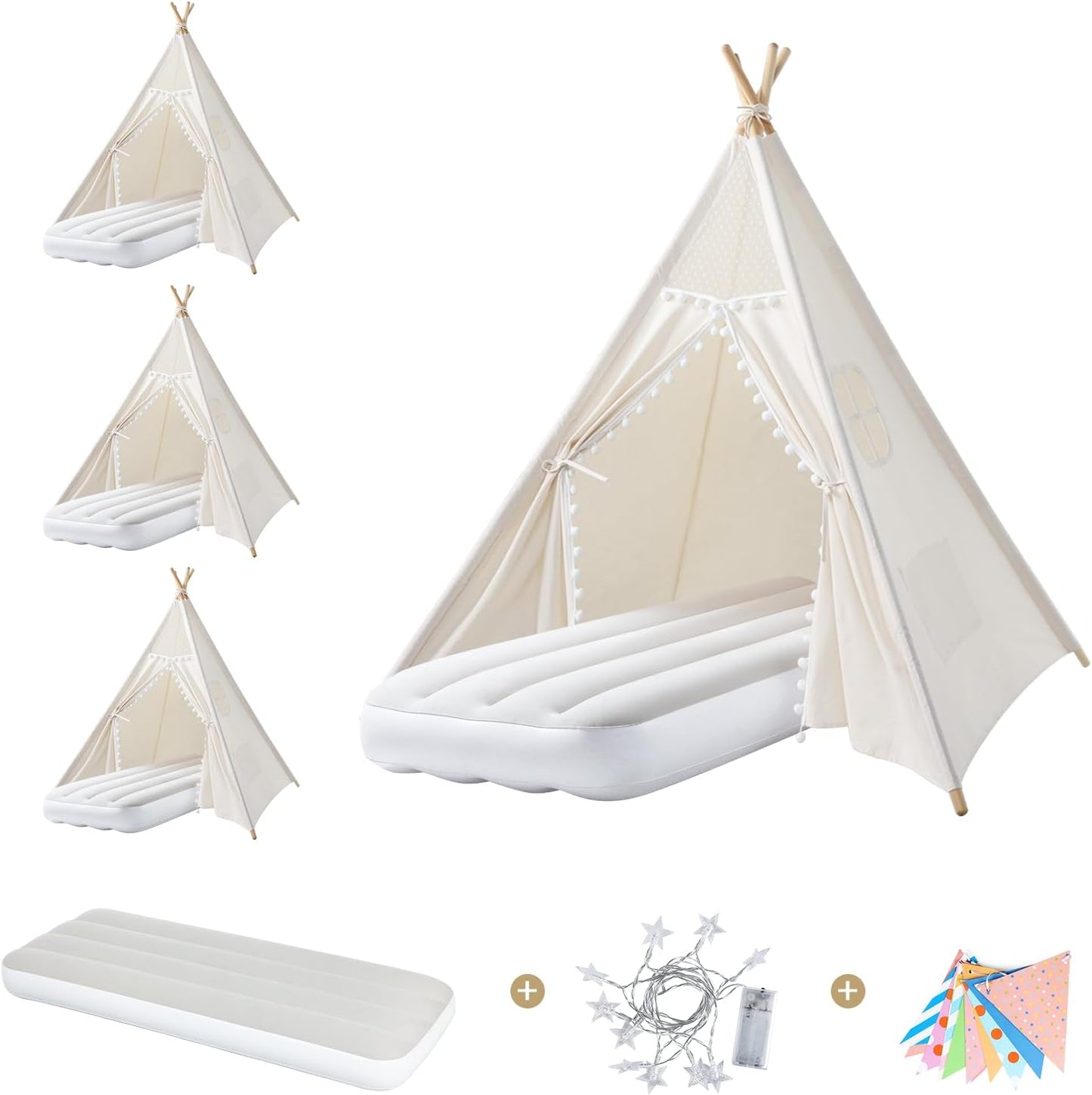 Sumbababy 4 Pack Sleepover Tents for Girls Party - Kids Teepee Tent with Inflatable Airbed - Boho Toddler Tents Indoor - Washable Foldable Slumber Party Tent