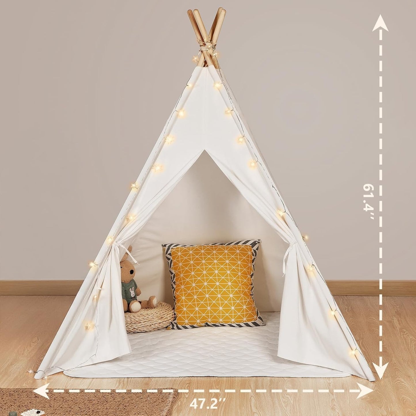 Sumbababy Teepee Tent for Kids Tent Indoor with Mat - Cotton Canvas White Toddler Tee Pee Tents Play House- Collapsible Tents for Slumber Party - Washable Tipi Boho Bedroom Gift Toys for Girls & Boys