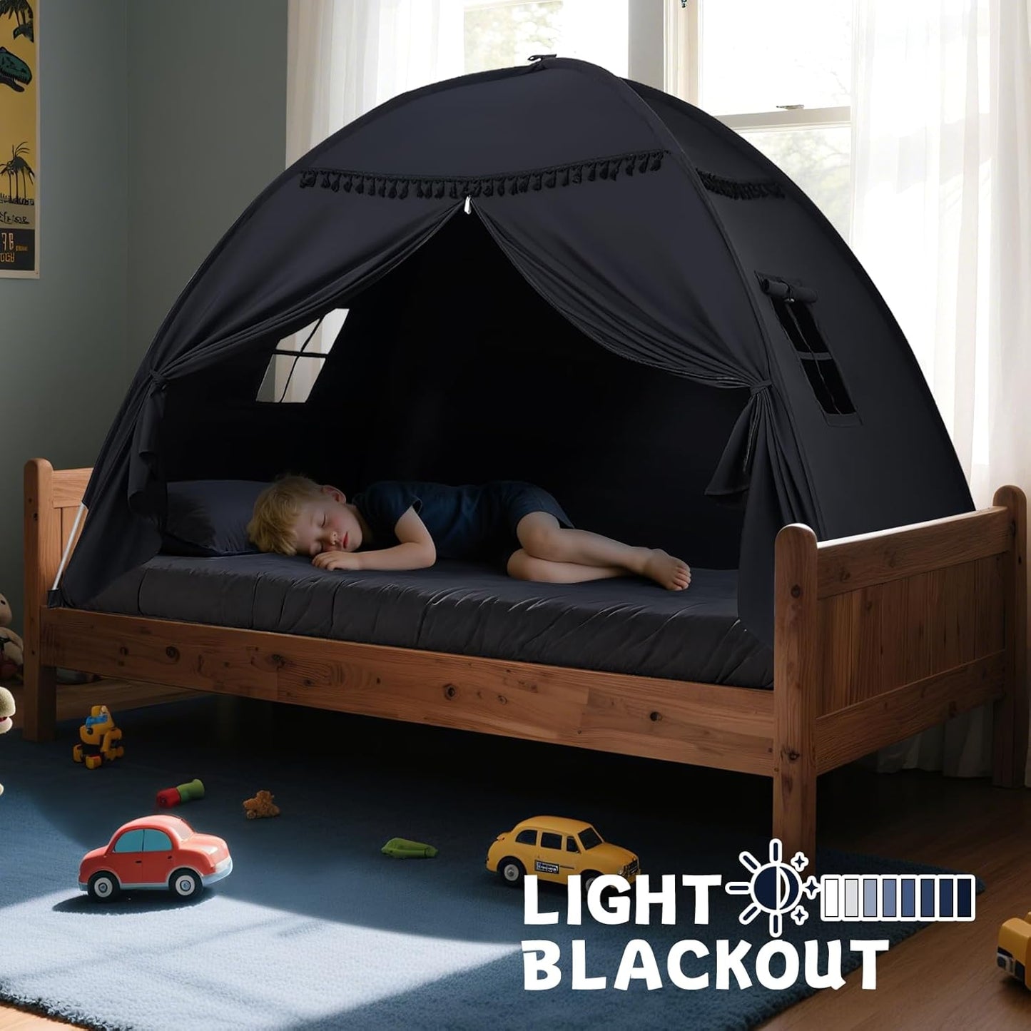 Twin Size Bed Canopy: Lights & Flags Indoor Floor Bed Kids Tent Playhouse - Portable & Foldable Twin Bunk Curtains - Girls & Boys Bedroom Privacy Space Blackout Tents Slumber