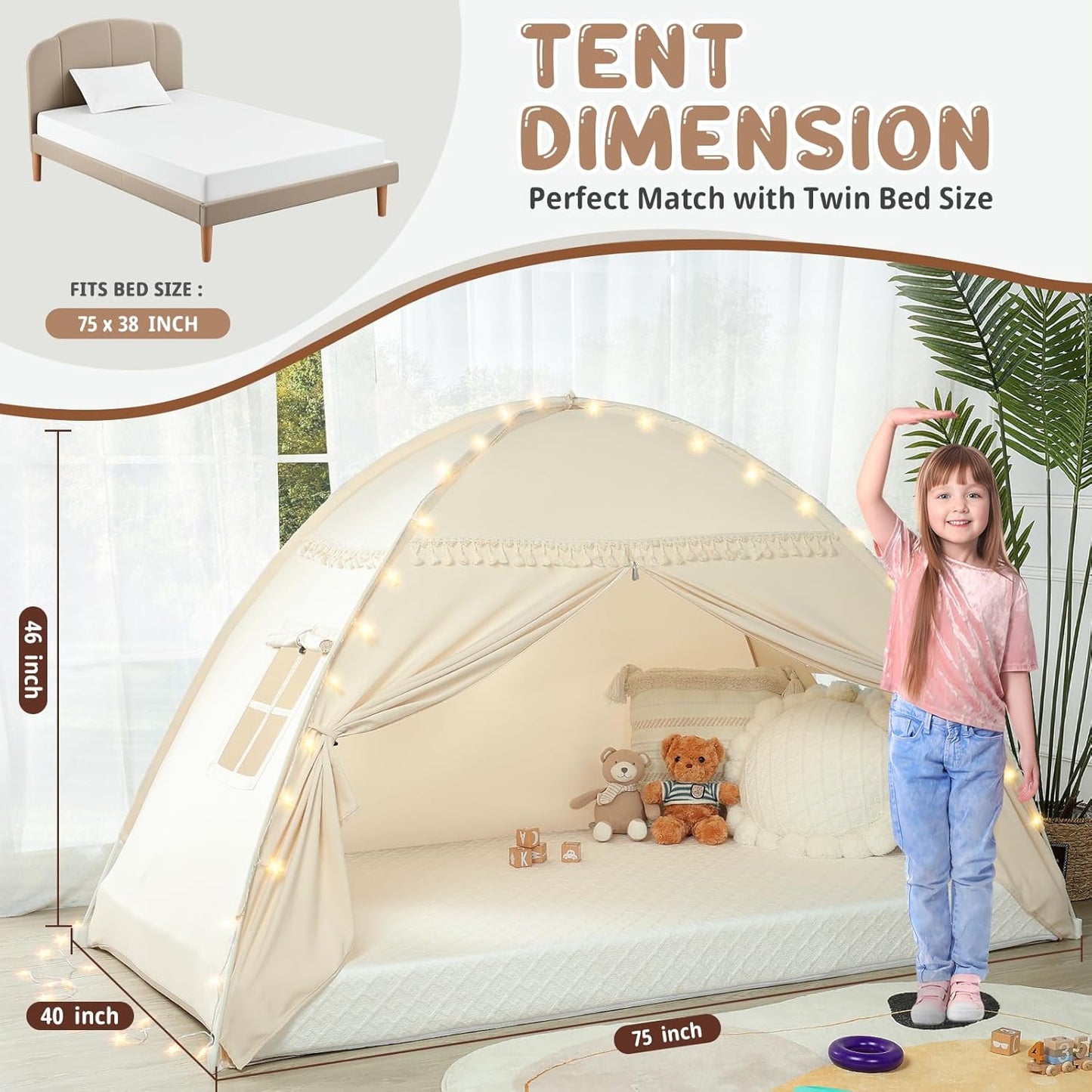 Toddler Twin bed Tent Canopy: Lights & Flags Indoor Floor Bed Kids Tent PlayHouse - Portable Twin Bunk bed Curtains - Large Size Girls & Boys House Bedroom Privacy Space Sleeping Tents Gifts