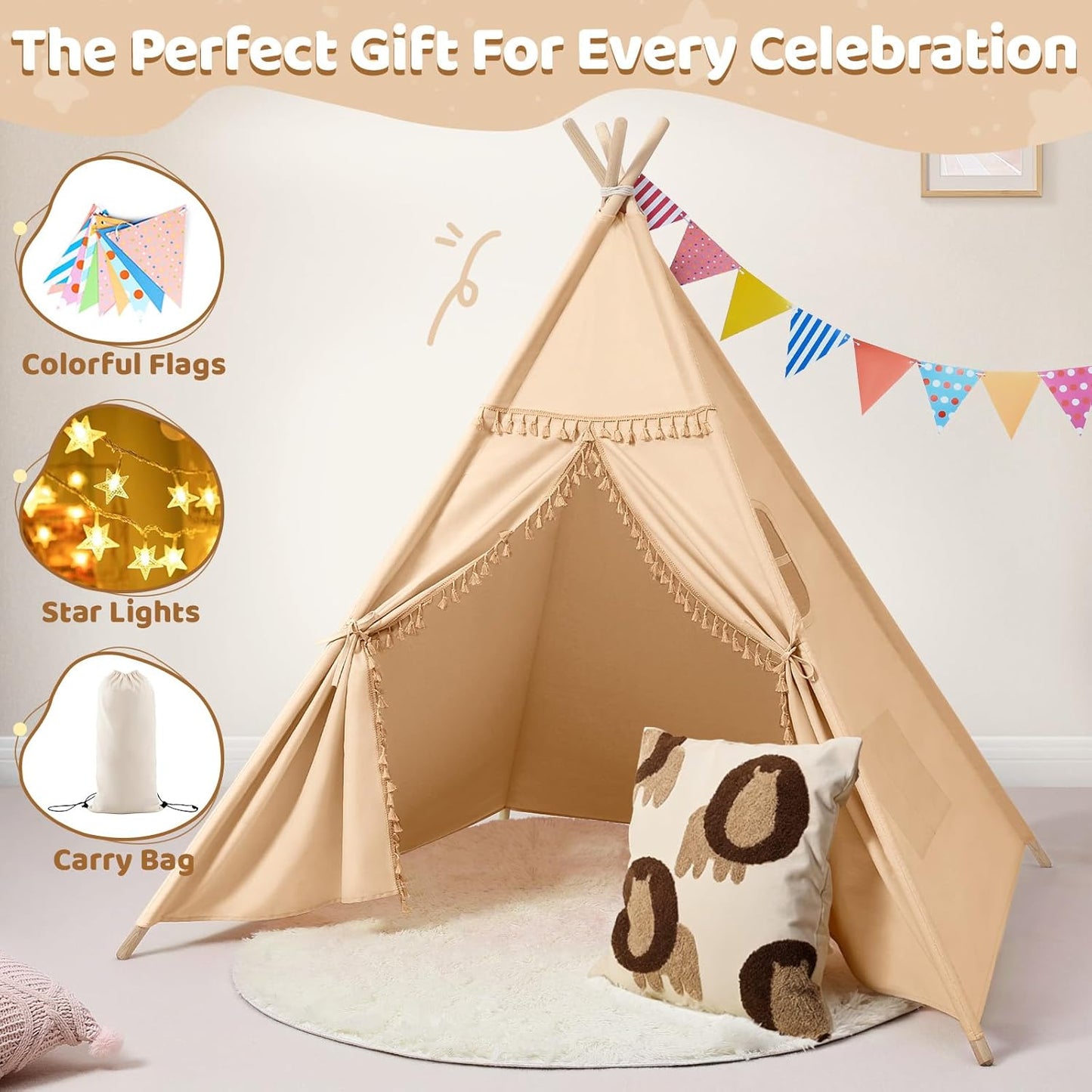 Sumbababy Teepee Tent for Kids Indoor – Cotton Canvas Play Tent with Tassel Trim, Foldable Toddlers Tent for Boys, Ideal Gift with Star Lights, Banner & Carry Bag (Khaki)