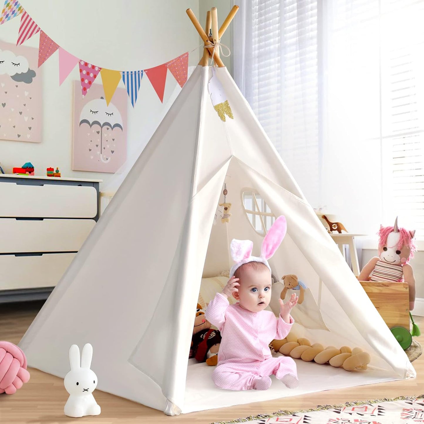 Sumbababy Teepee Tent for Kids Tipi Tent Indoor - Cotton Canvas Kid Tents for Inside with Light & Flag- Foldable Toddler Play Tents for Girls & Boys Slumber Party - Washable Boho Play House Gift Toys