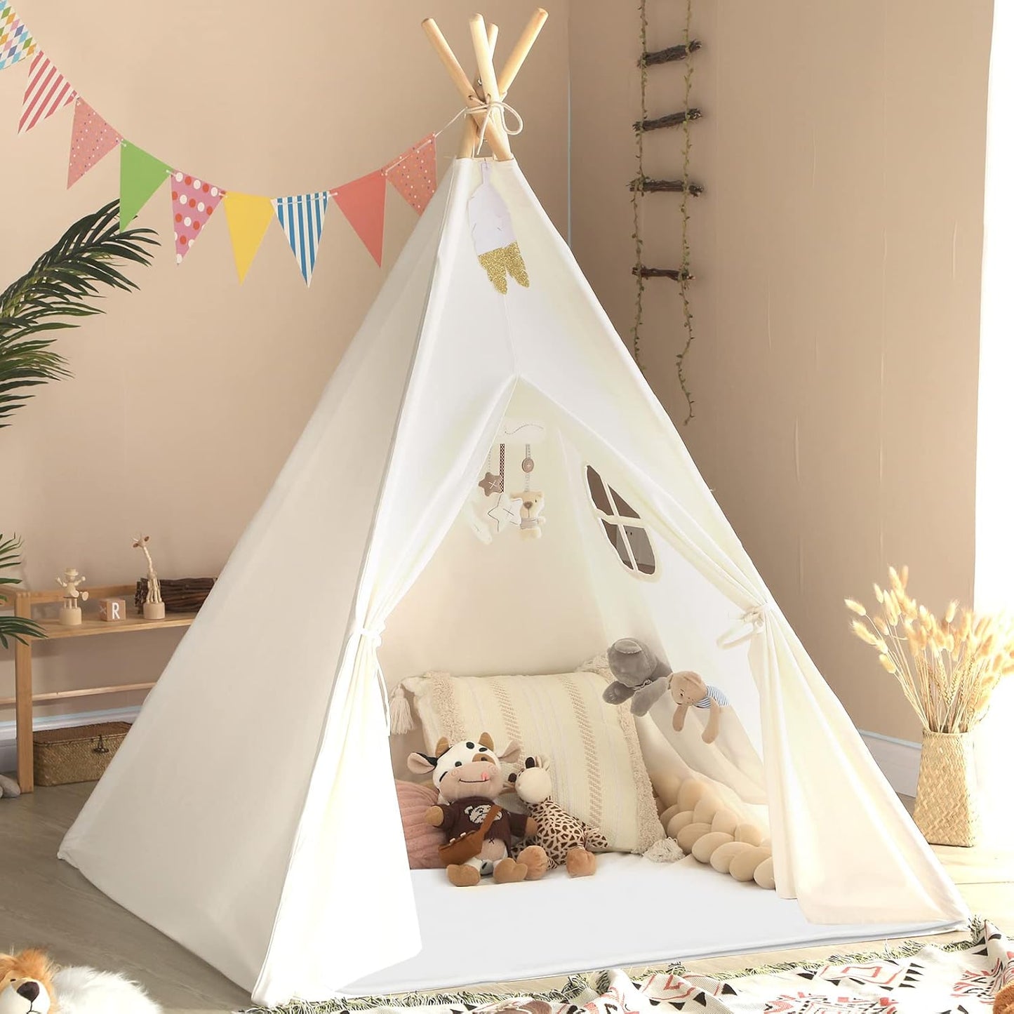 Sumbababy Teepee Tent for Kids Tent Indoor with Mat - Cotton Canvas White Toddler Tee Pee Tents Play House- Collapsible Tents for Slumber Party - Washable Tipi Boho Bedroom Gift Toys for Girls & Boys