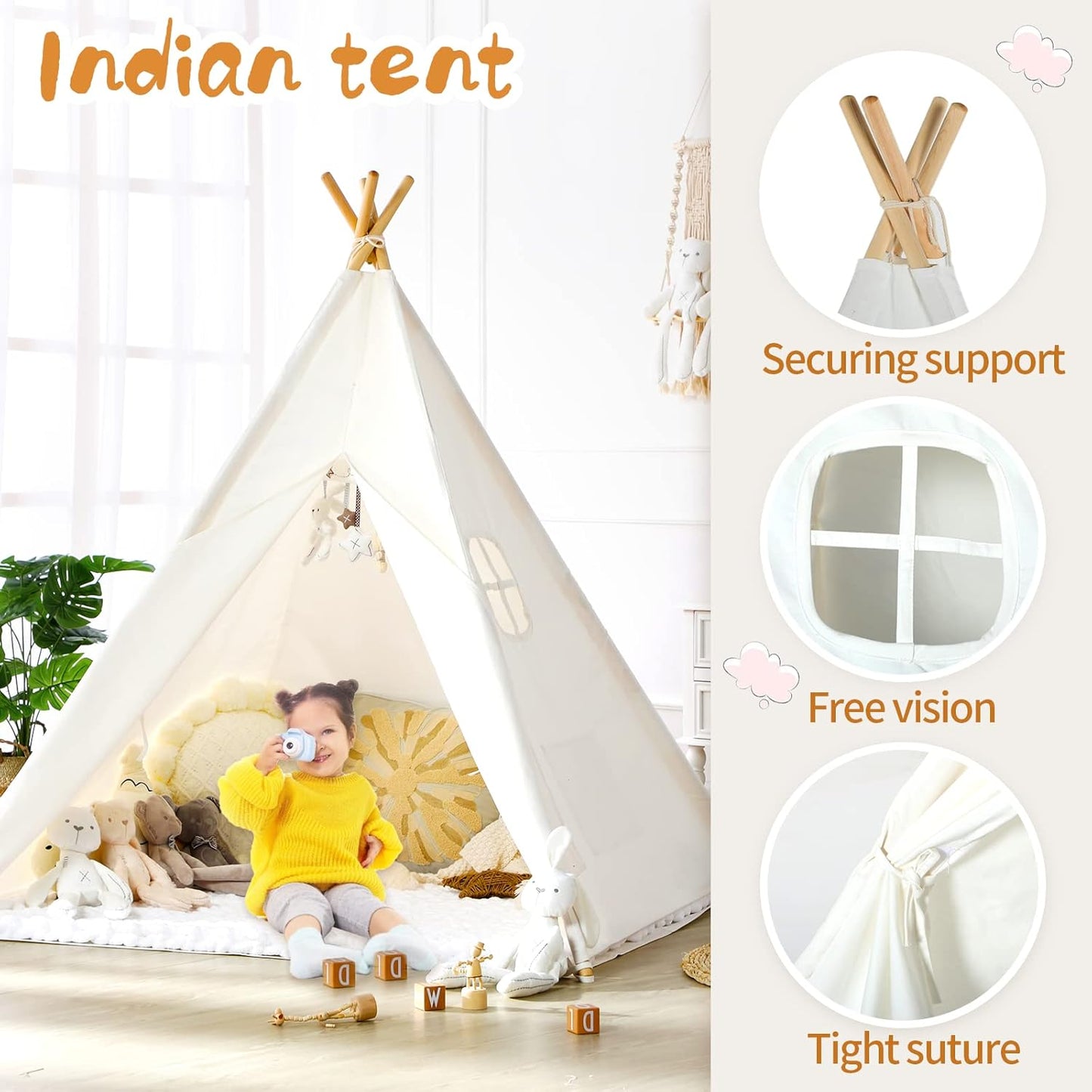 Sumbababy Teepee Tent for Kids with Carry Case, Natural Canvas Teepee Play Tent, Toys for Girls/Boys Indoor & Outdoor Playing (Teepee Tent with mat)