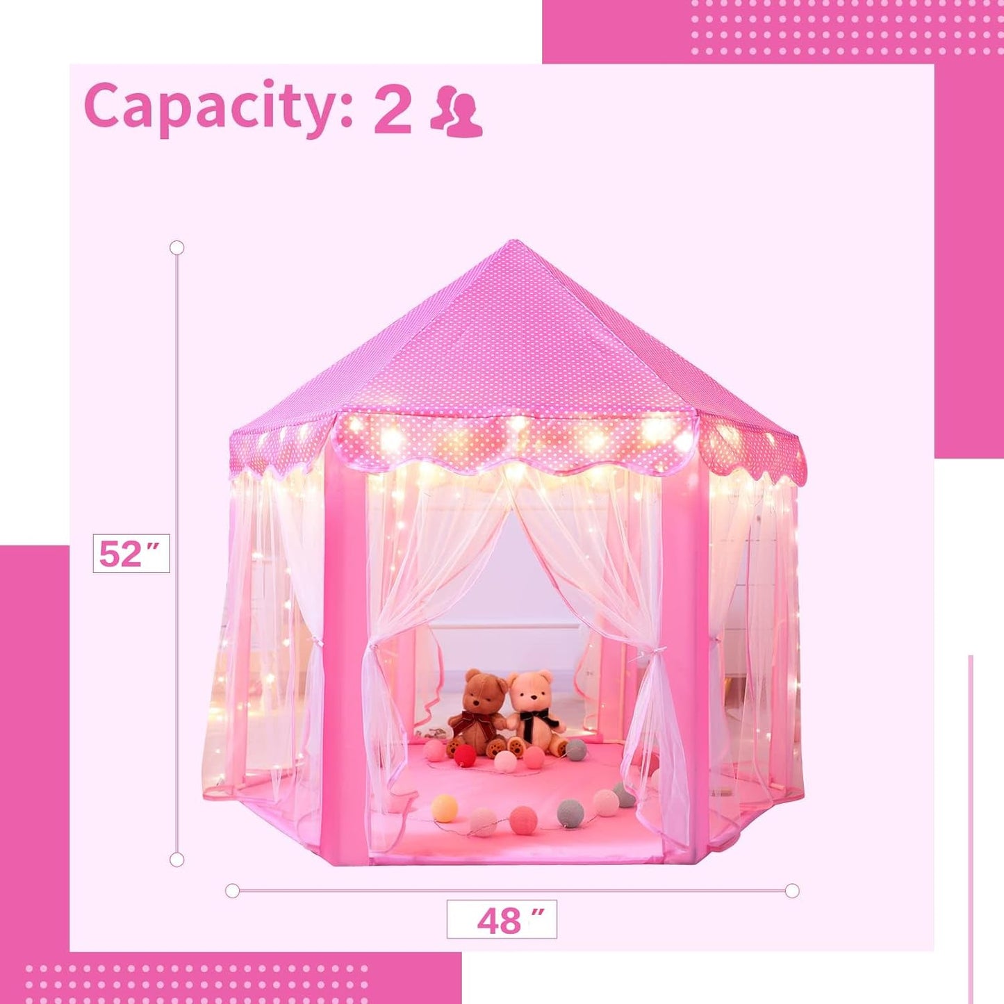 Sumbababy Princess Castle Tent for Girls Fairy Play Tents for Kids Hexagon Playhouse with Fairy Star Lights Toys for Children or Toddlers Indoor or Outdoor Games (Pink)