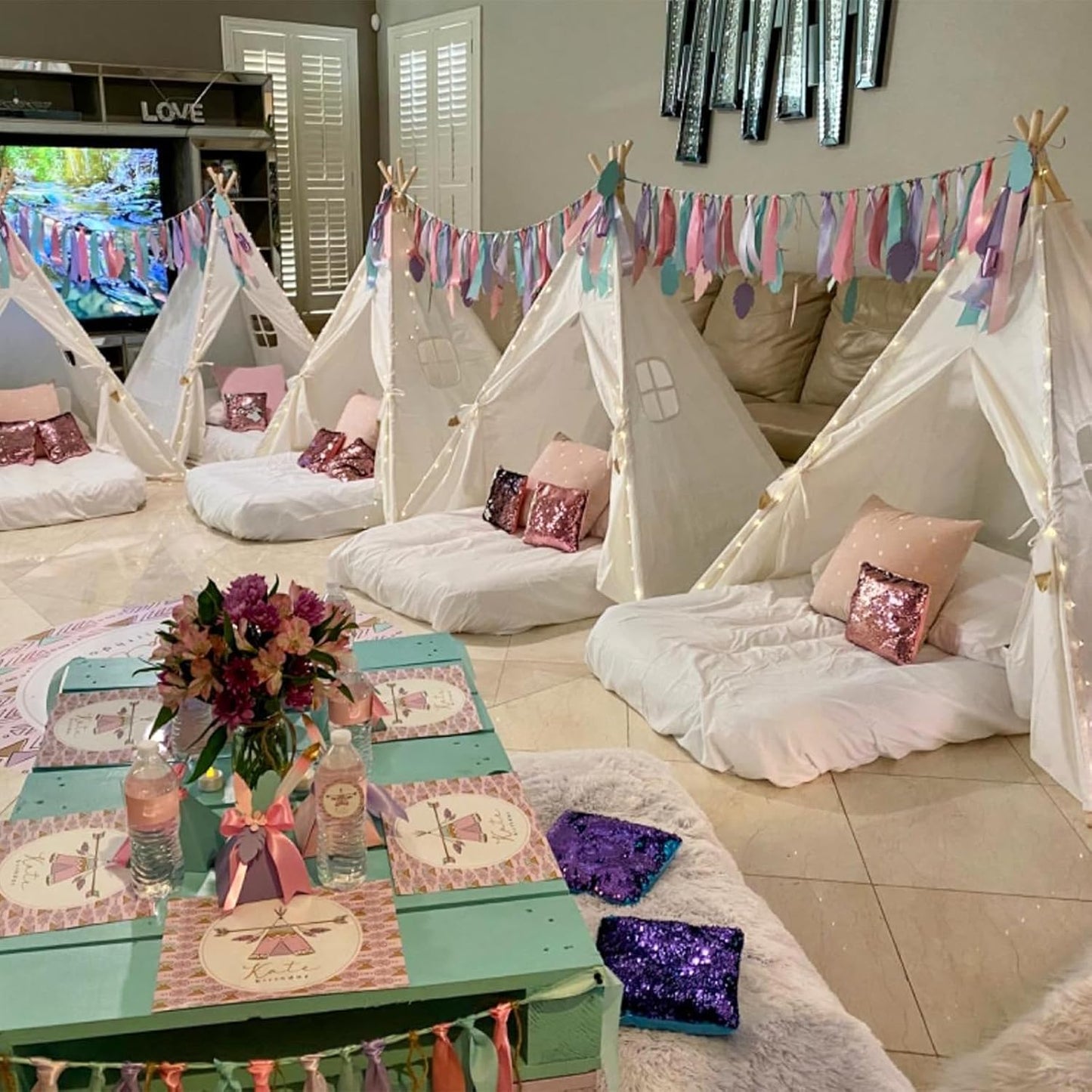 Sumbababy 2 Pack Teepee Tent for Kids Slumber Party - Sleepover Tents with Inflatable Airbeds, Natural Canvas Play Tent Indoor, Washable Fabric, Carry Bag, Lights & Colorful Flags