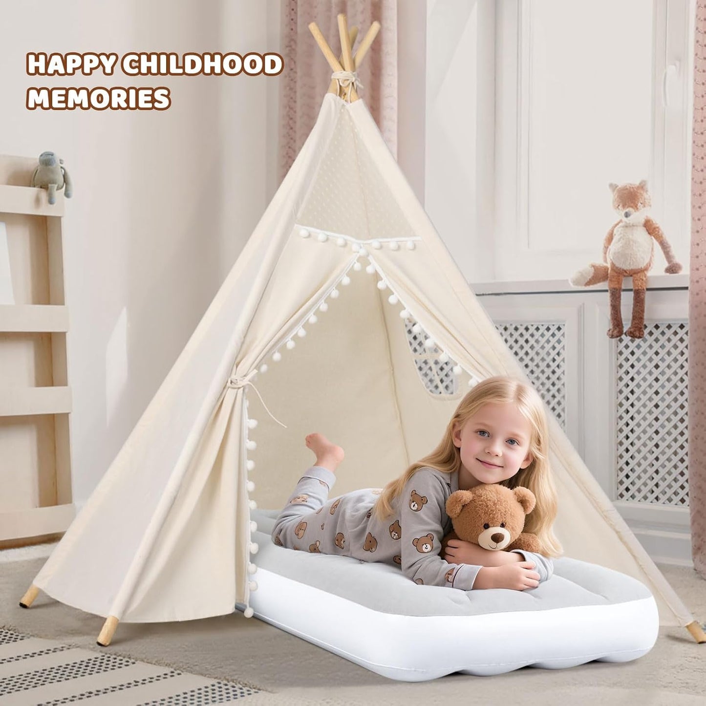 Sumbababy 6 Pack Sleepover Tents for Girls Party - Kids Teepee Tent with Inflatable Airbed - Boho Toddler Tents Indoor - Washable Foldable Slumber Party Tent