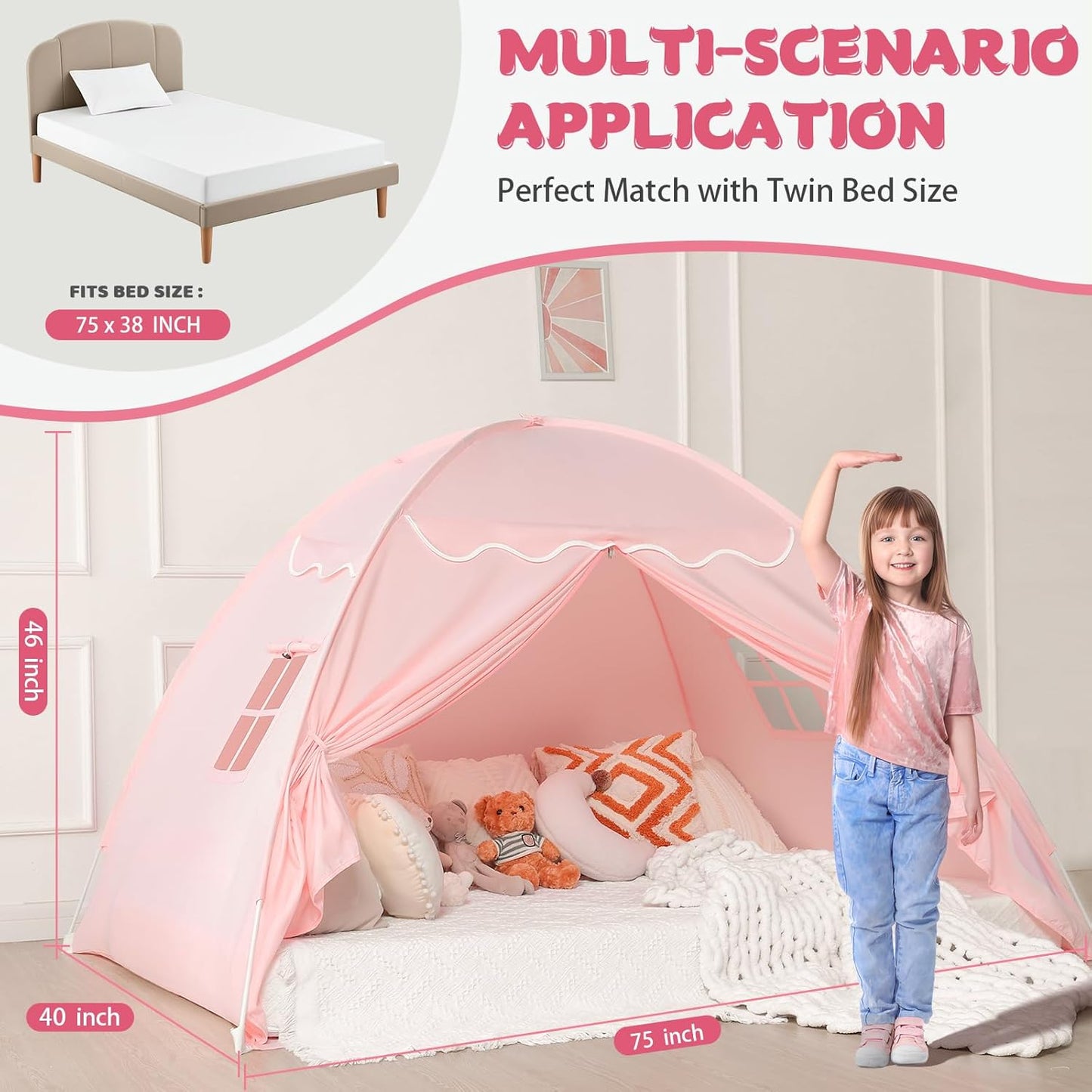 Twin Size Bed Canopy: Lights & Flags Indoor Floor Bed Kids Tent Playhouse - Portable & Foldable Twin Bunk Curtains - Girls & Boys Bedroom Privacy Space Blackout Tents Slumber