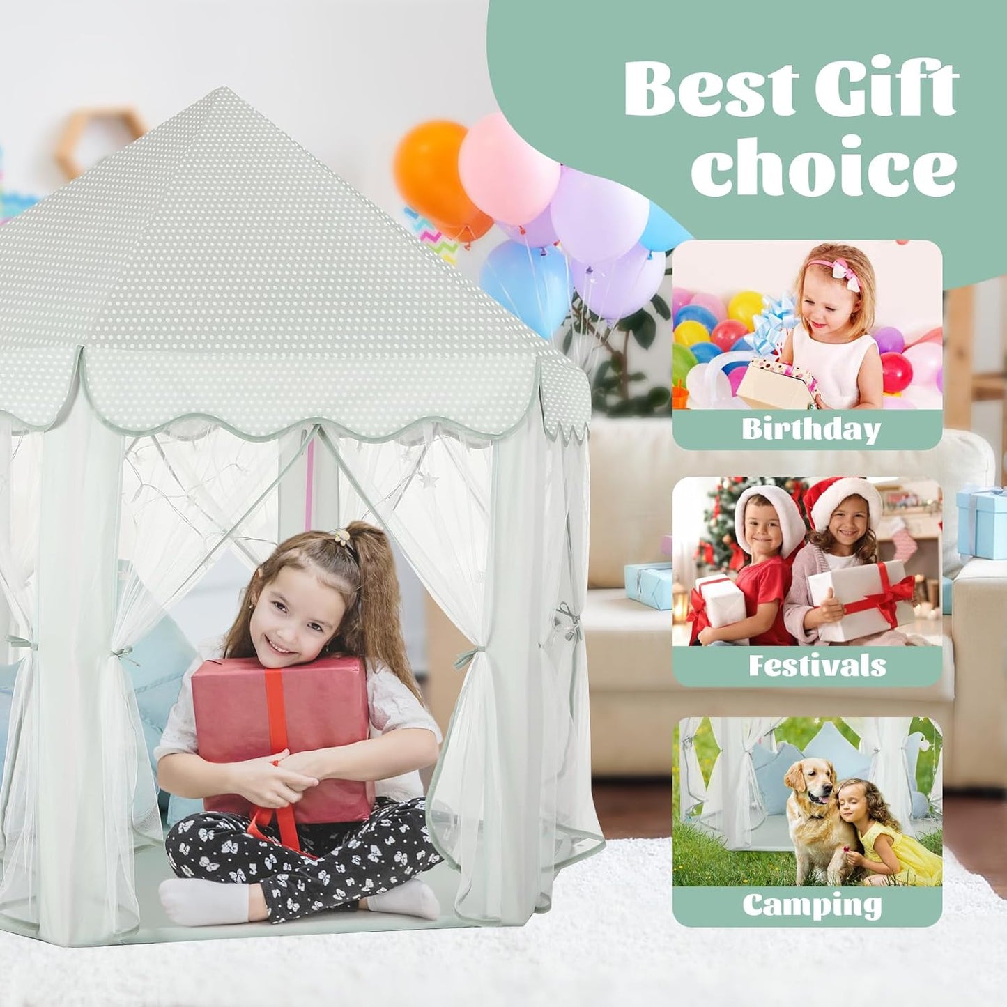 Princess Castle Tent for Girls Fairy Play Tents for Kids Blue Hexagon Playhouse with Fairy Star Lights Toys for Children or Toddlers Indoor or Outdoor Games (Green Princess Tent)