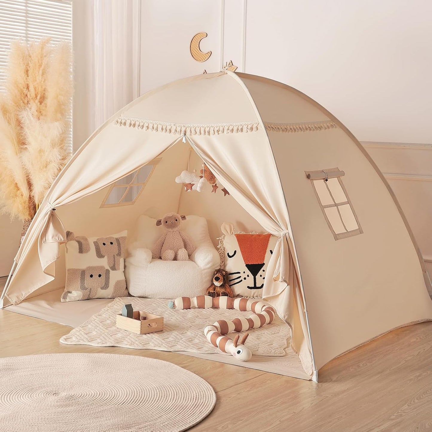 Full Size bed Tent Canopy: Lights & Flags Indoor Floor Bed Kids Tent PlayHouse - Portable & Foldable Twin Bunk bed Curtains - Large Size Girls & Boys House Bedroom Privacy Space Sleeping Tents Gifts