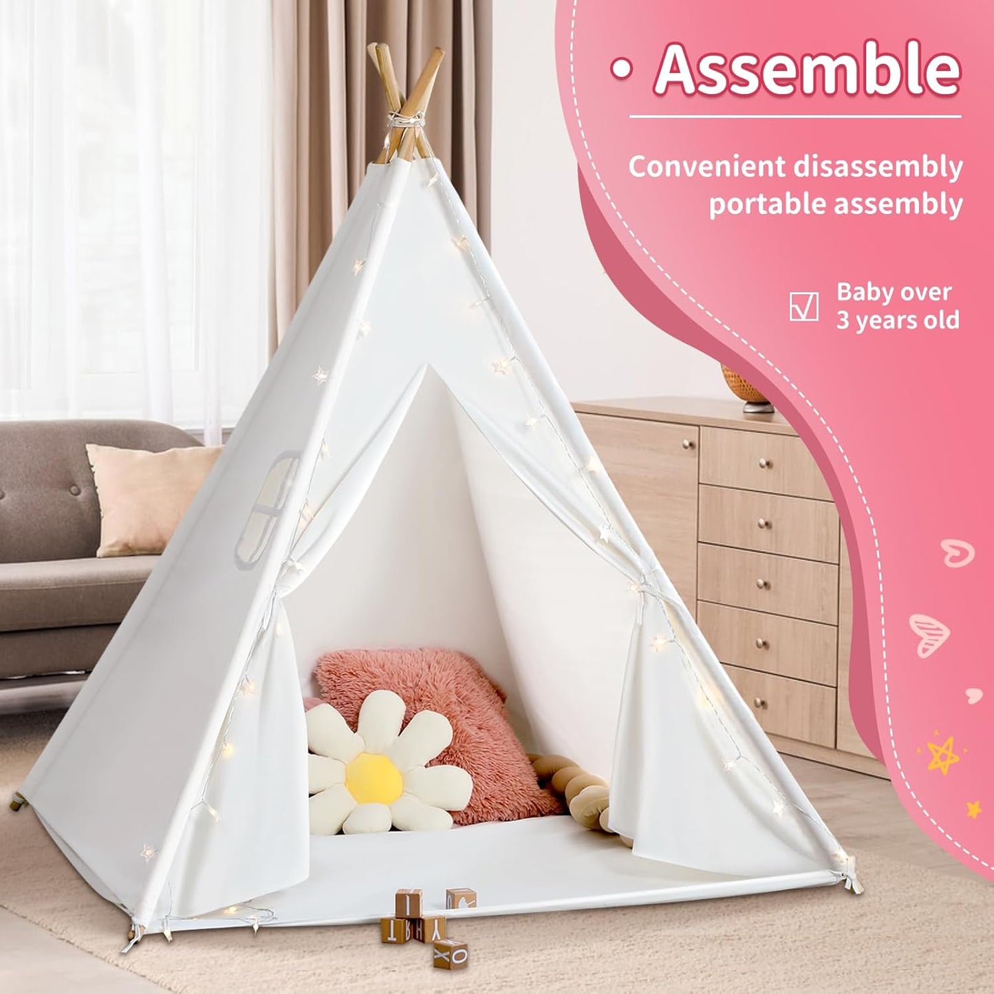 Kids Teepee Tent with Star Lights, Play Tent for Girls Boys Gift Playhouse for Kids Indoor Games, Kids Toys House for Baby with Carry Case