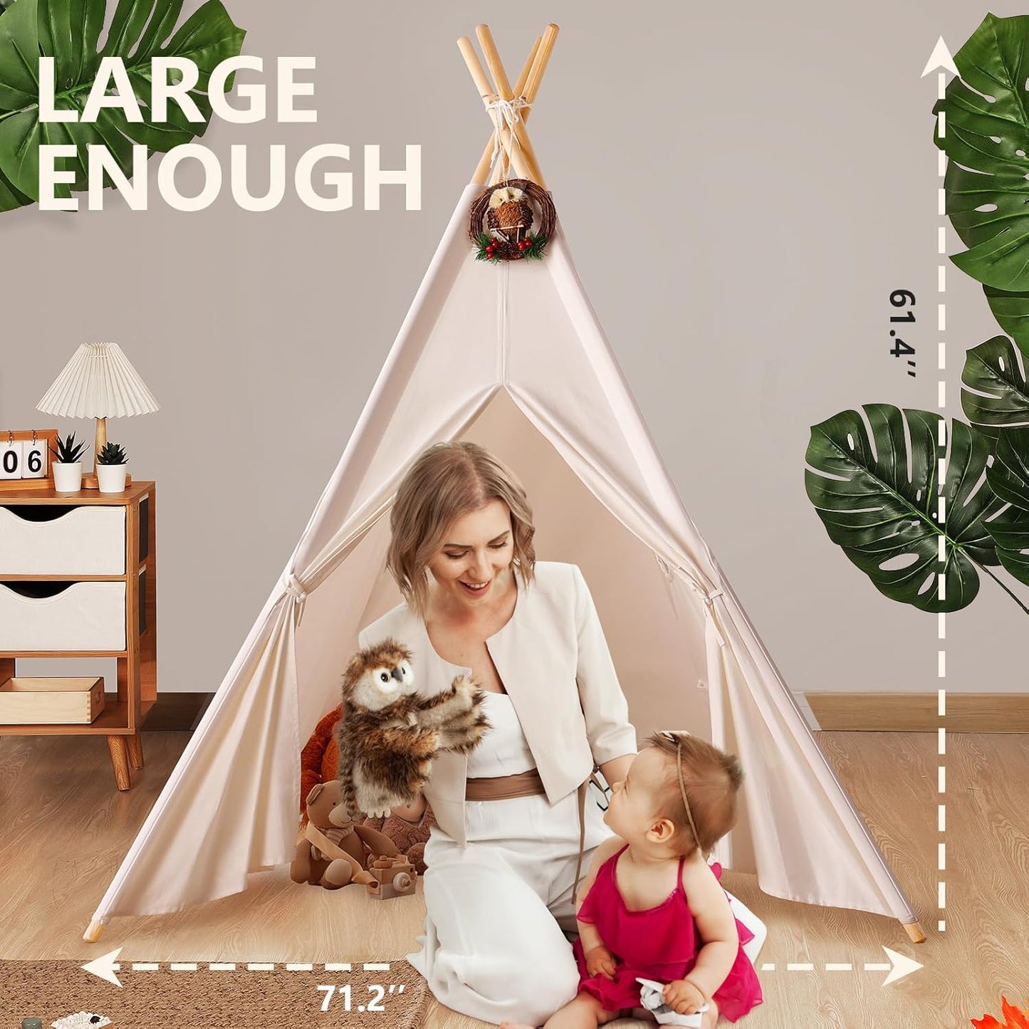 Sumbababy Teepee Tent for Kids with Carry Case, Natural Canvas Teepee Play Tent, Toys for Girls/Boys Indoor & Outdoor Playing (White Teepee Tent)