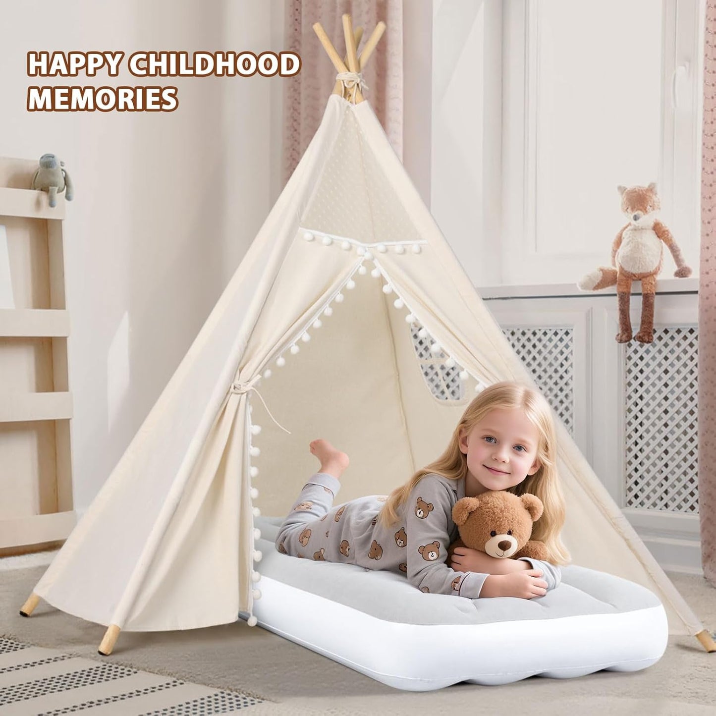 Sumbababy 2 Pack Sleepover Tents for Girls Party - Kids Teepee Tent with Inflatable Airbed - Boho Toddler Tents Indoor - Washable Foldable Slumber Party Tent