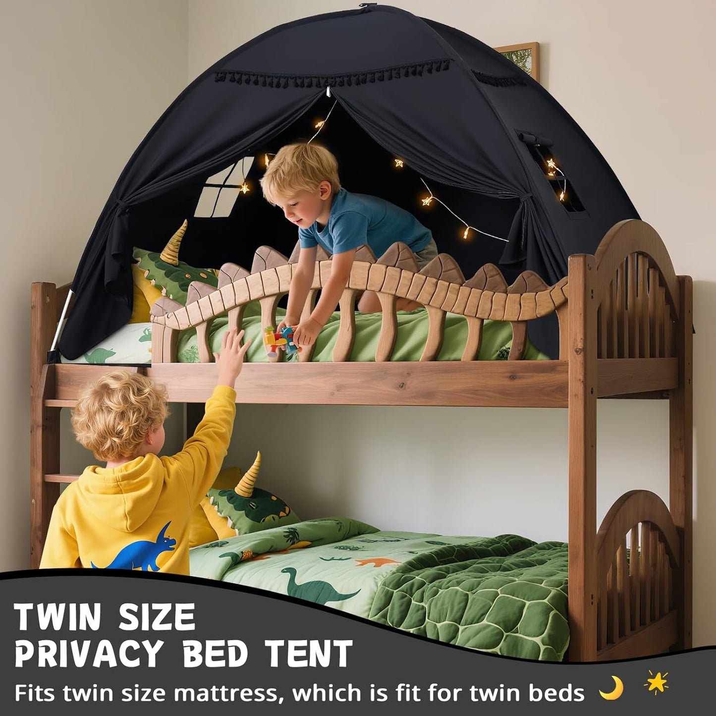 Twin Size Bed Canopy: Lights & Flags Indoor Floor Bed Kids Tent Playhouse - Portable & Foldable Twin Bunk Curtains - Girls & Boys Bedroom Privacy Space Blackout Tents Slumber