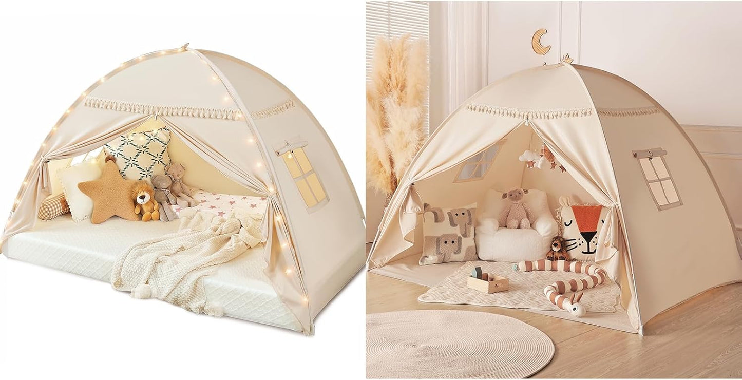 Full Size bed Tent Canopy: Lights & Flags Indoor Floor Bed Kids Tent PlayHouse - Portable & Foldable Twin Bunk bed Curtains - Large Size Girls & Boys House Bedroom Privacy Space Sleeping Tents Gifts