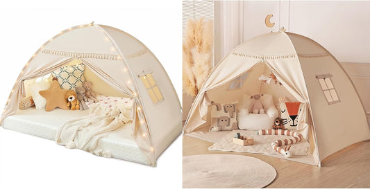 Full Size bed Tent Canopy: Lights & Flags Indoor Floor Bed Kids Tent PlayHouse - Portable & Foldable Twin Bunk bed Curtains - Large Size Girls & Boys House Bedroom Privacy Space Sleeping Tents Gifts