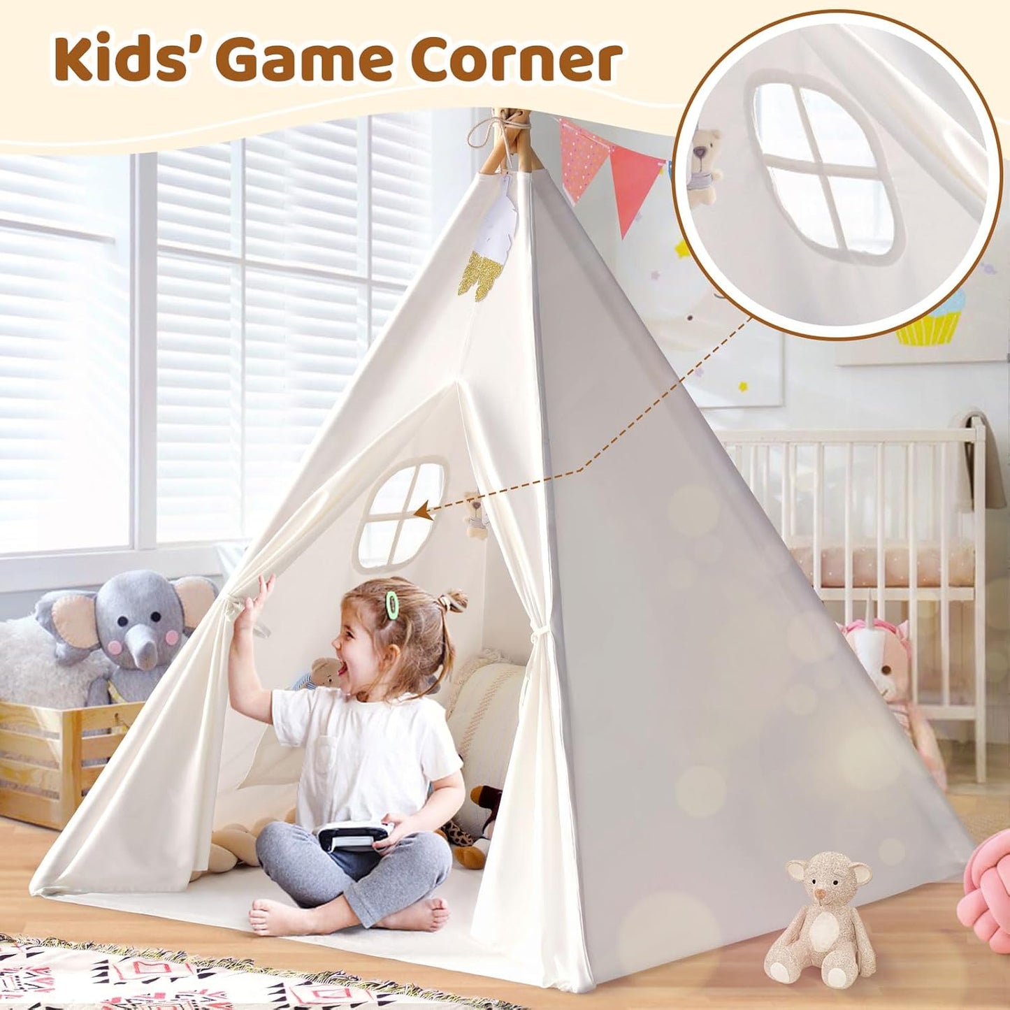 Sumbababy Teepee Tent for Kids Indoor - Natural Canvas Kids Play Tent - Washable Tipi Sleepover Tents with Lights & Carry Bag, Outdoor Toddler Tents for Girls & Boys - Foldable Playroom Gift Toys