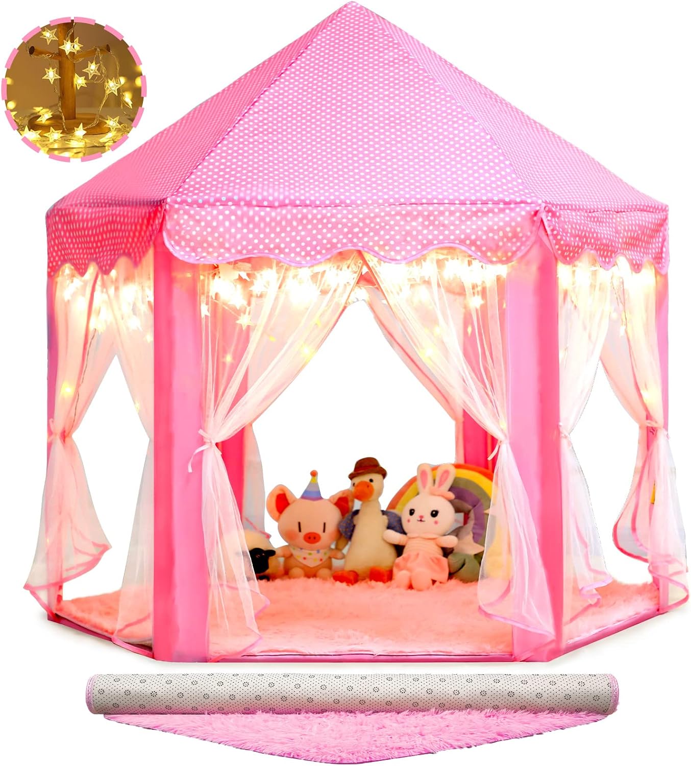 Princess Castle Tent with Rug for Girls Fairy Play Tents for Kids Hexagon Playhouse with Fairy Star Lights Toys for Children or Toddlers Indoor Games (Pink Princess Tent with Rug)