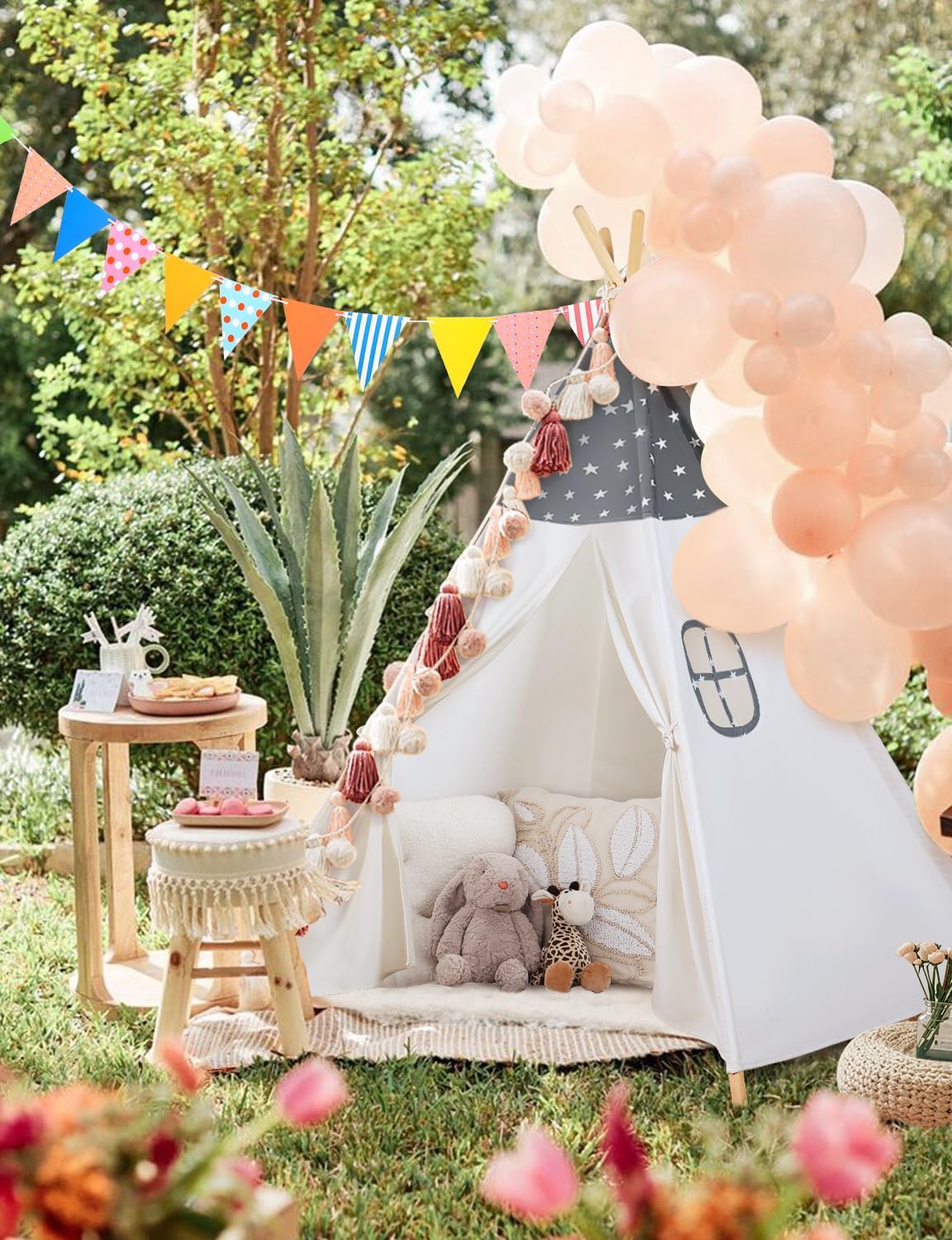 Sumbababy Teepee Tent for Kids Slumber Party - Cotton Canvas Foldable Kids Tent Indoor with Light & Flag Play House Outdoor - Toddler Tipi Playroom for Girls Gift Toys - Tee Pee Tents(Stars Design)