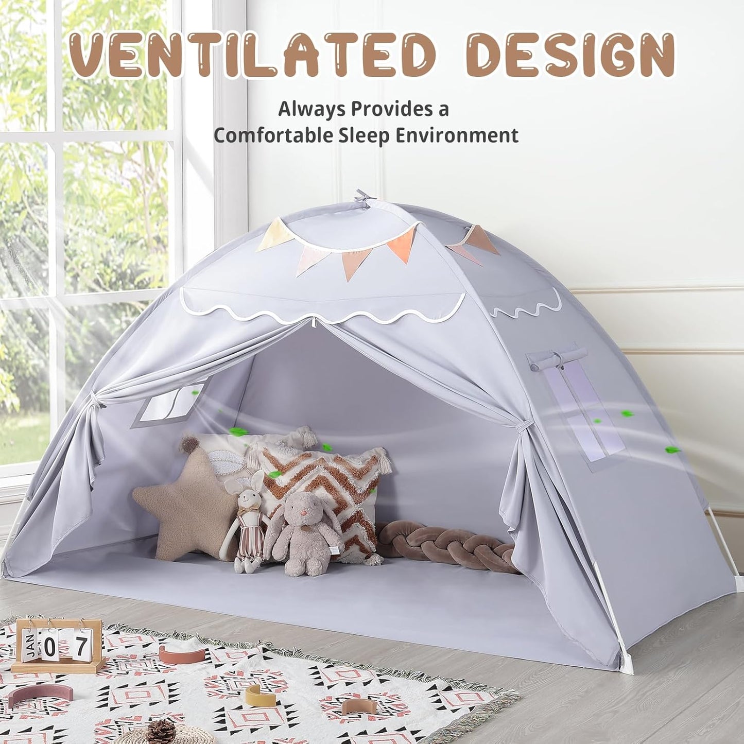 Sumbababy Toddler Bed Tent Canopy: Lights & Flags Indoor Floor Bed Kids Tent Playhouse - Foldable Twin Bunk Bed Curtains - Girls & Boys Bedroom Privacy Space Sleeping Tents Gifts