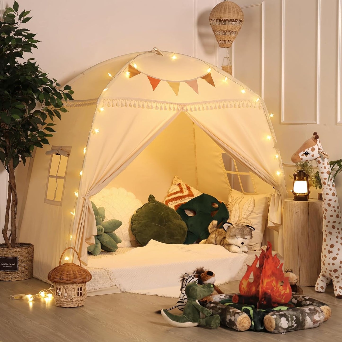 Sumbababy Large Teepee Tent for Kids: with Star Lights & Flags - Tent for Kids Indoor Toddler Teepee for Boys & Girls - Toddler Playhouse Inside Canopy Bed for Playroom Gift Toys (Cream)