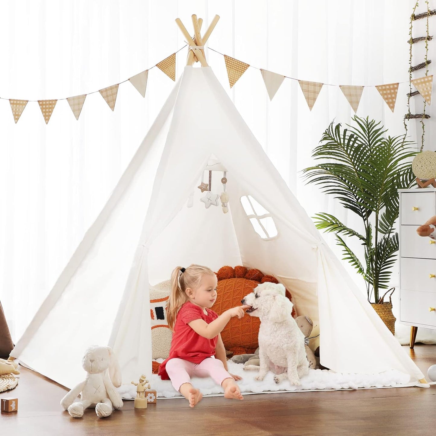 Sumbababy Teepee Tent for Kids with Carry Case, Natural Canvas Teepee Play Tent, Toys for Girls/Boys Indoor & Outdoor Playing (Teepee Tent with mat)