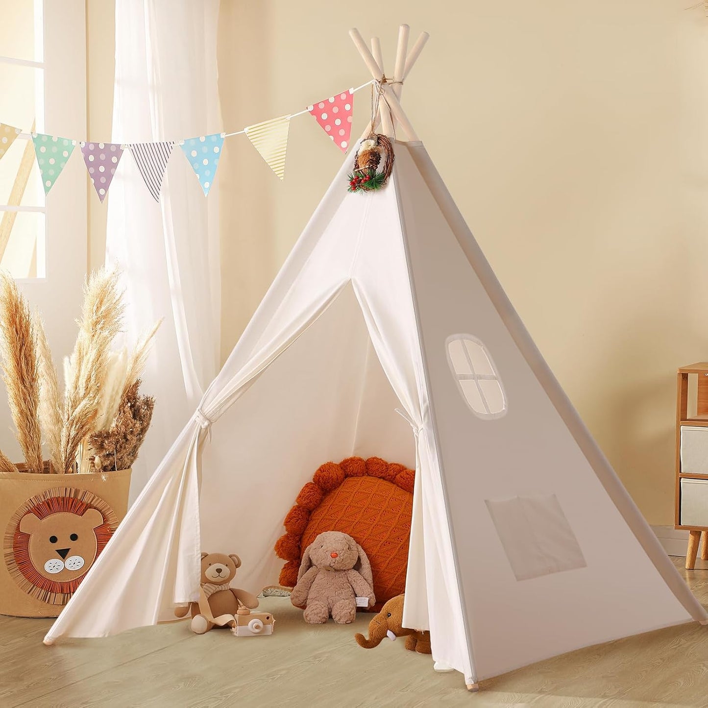 Sumbababy Teepee Tent for Kids with Carry Case, Natural Canvas Teepee Play Tent, Toys for Girls/Boys Indoor & Outdoor Playing (White Teepee Tent)