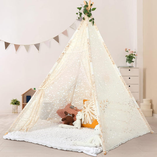 Kids Teepee Tent for Kids,Kids Play Tent for Girls & Boys, Gifts Playhouse for Kids Indoor Outdoor Games, Kids Toys House for Baby with Colored Flag &Feathers &Carry Case (Lace Teepee)