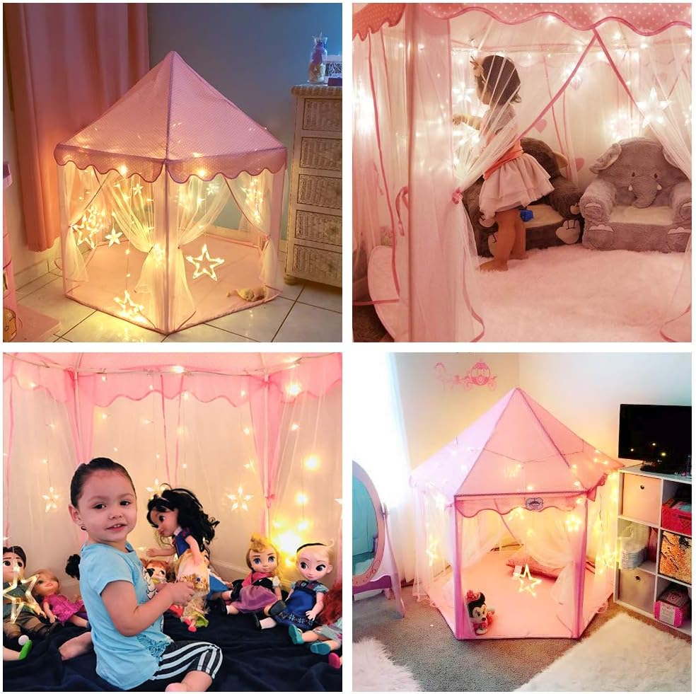 Princess Castle Tent for Girls Fairy Play Tents for Kids Hexagon Playhouse with Big Fairy Star Lights Toys for Children or Toddlers Indoor or Outdoor Games (Pink Princess Tent with Big Star Lights)