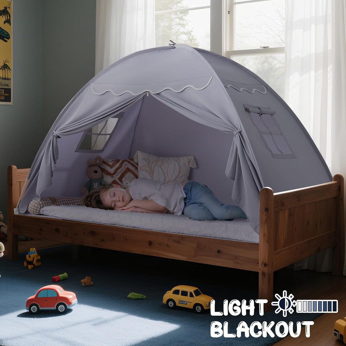 Sumbababy Toddler Bed Tent Canopy: Lights & Flags Indoor Floor Bed Kids Tent Playhouse - Foldable Twin Bunk Bed Curtains - Girls & Boys Bedroom Privacy Space Sleeping Tents Gifts