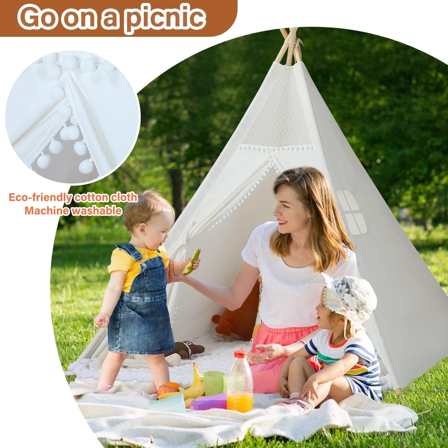 Sumbababy Kids Teepee Tent for Toddlers Indoor- Play Tents for Girls & Boys Slumber Party - Washable Tipi Sleepover Tent Kid Boho Toddler Tents with Lights & Carry Bag - Foldable Outdoor Gift Toys