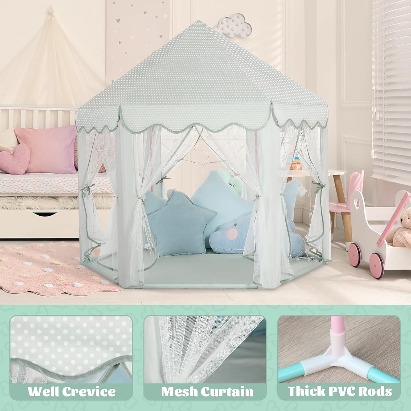 Princess Castle Tent for Girls Fairy Play Tents for Kids Blue Hexagon Playhouse with Fairy Star Lights Toys for Children or Toddlers Indoor or Outdoor Games (Green Princess Tent)