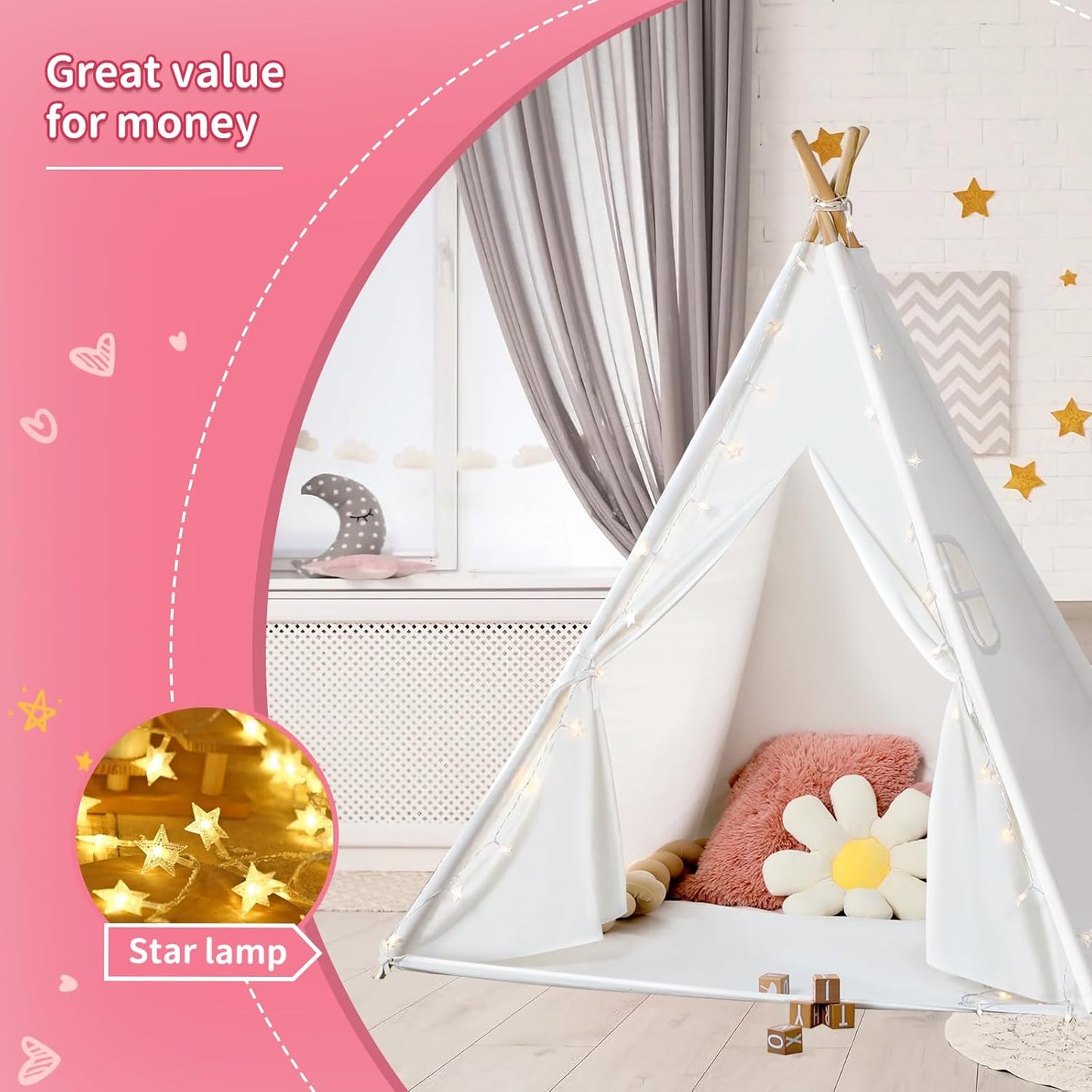 Kids Teepee Tent with Star Lights, Play Tent for Girls Boys Gift Playhouse for Kids Indoor Games, Kids Toys House for Baby with Carry Case