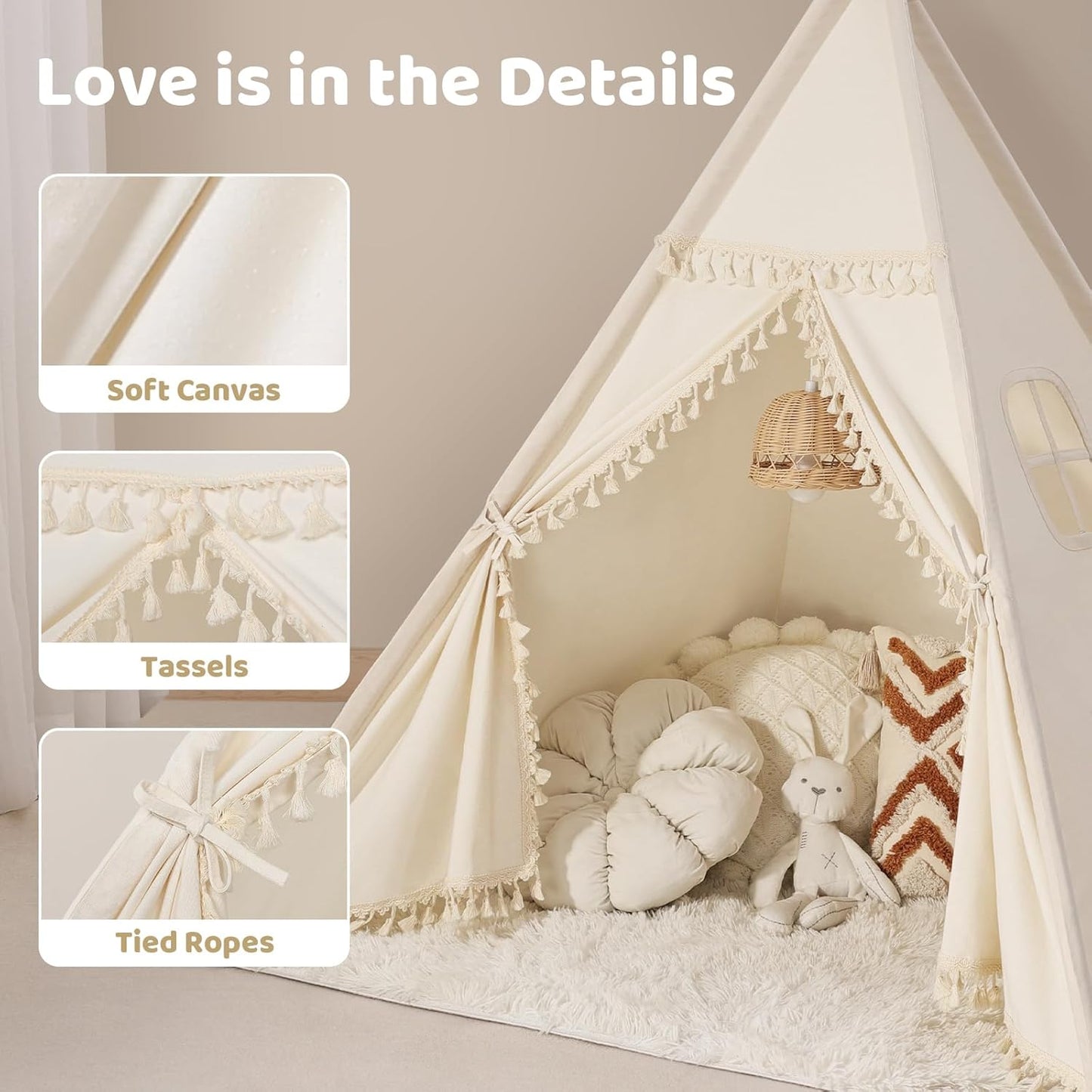 Sumbababy Kids Teepee Tent - Natural Canvas Playhouse with Fringe, Washable Fabric, Tipi Sleepover Tent, Includes Carry Bag, Lights & Colorful Flags - Perfect for Indoor & Outdoor Fun