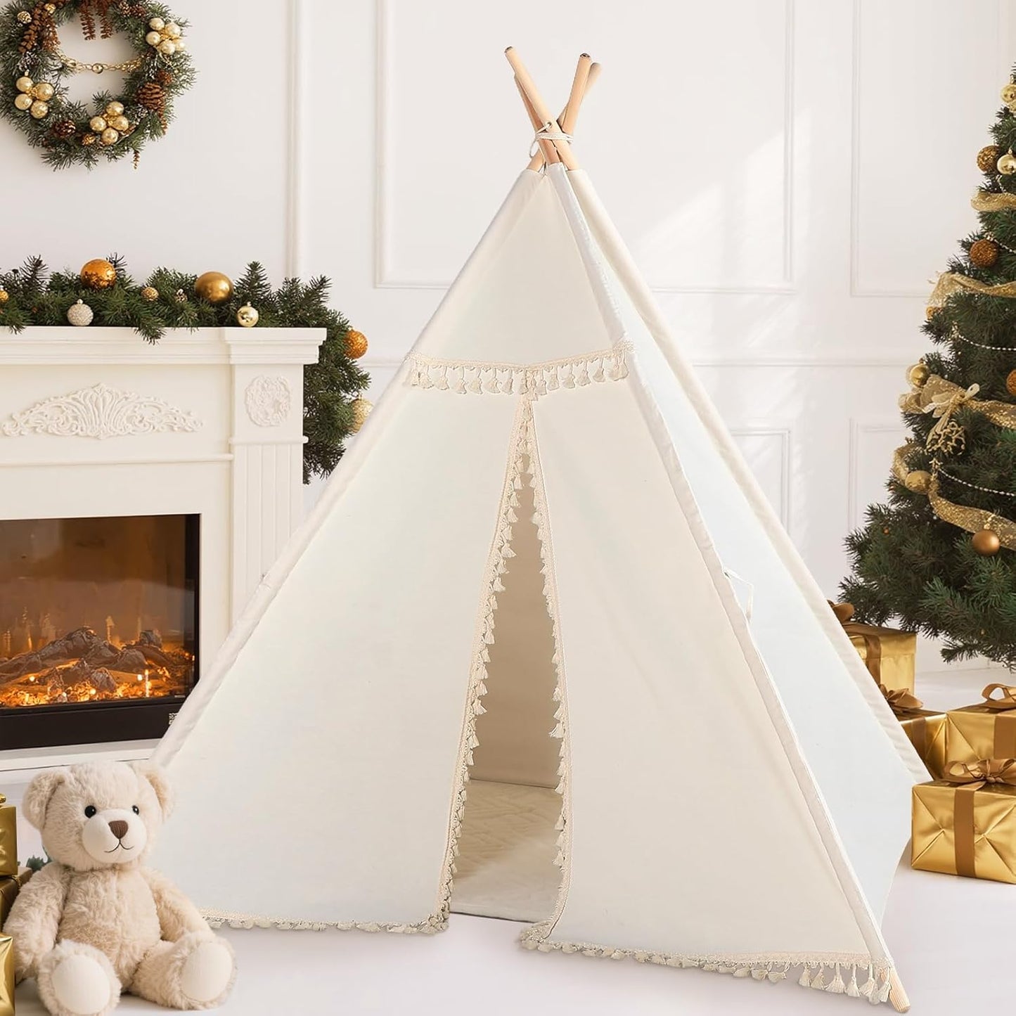 Sumbababy Kids Teepee Tent - Natural Canvas Playhouse with Fringe, Washable Fabric, Tipi Sleepover Tent, Includes Carry Bag, Lights & Colorful Flags - Perfect for Indoor & Outdoor Fun