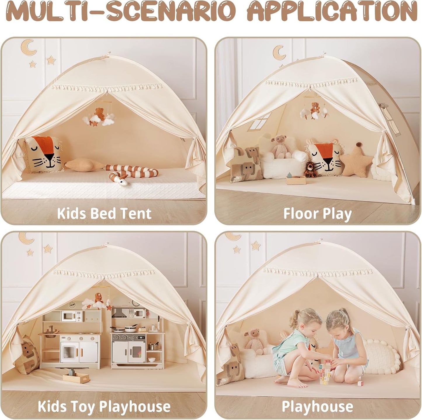 Full Size bed Tent Canopy: Lights & Flags Indoor Floor Bed Kids Tent PlayHouse - Portable & Foldable Twin Bunk bed Curtains - Large Size Girls & Boys House Bedroom Privacy Space Sleeping Tents Gifts