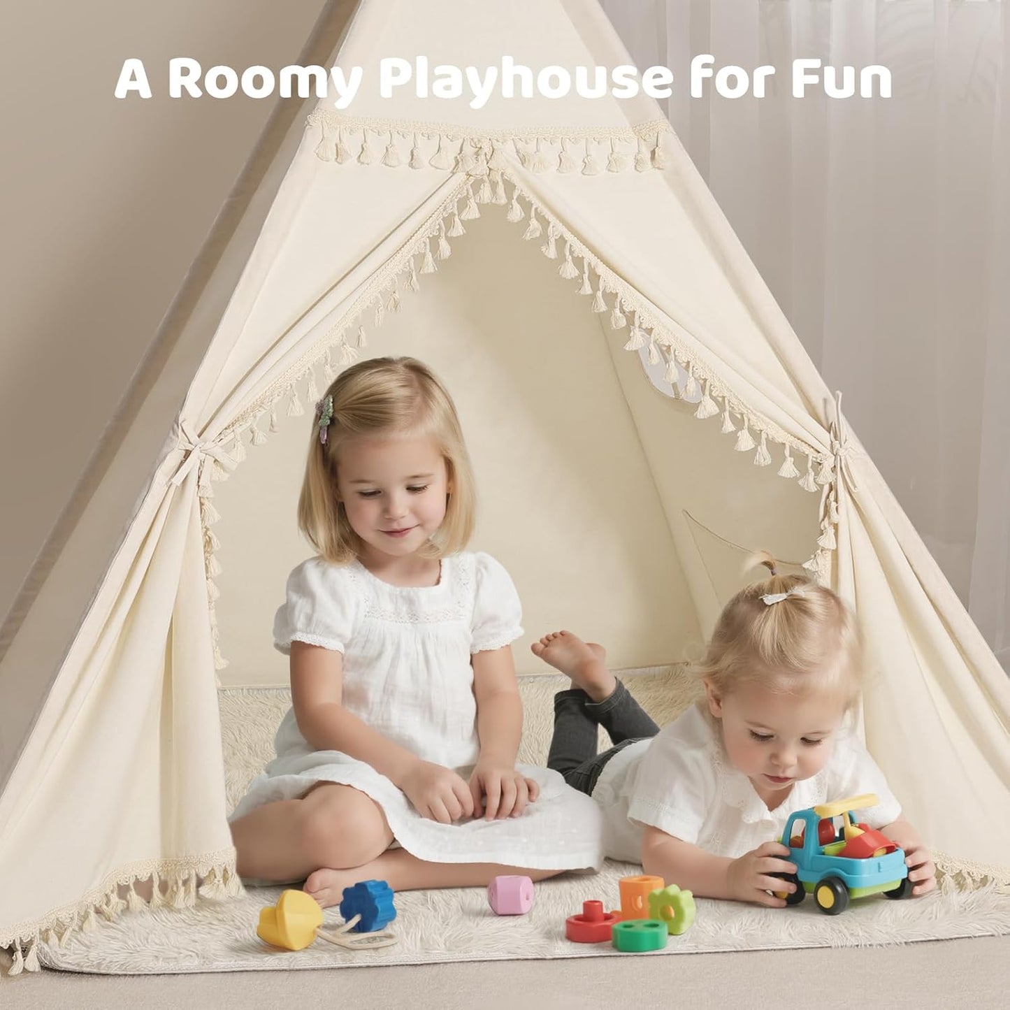 Sumbababy Kids Teepee Tent - Natural Canvas Playhouse with Fringe, Washable Fabric, Tipi Sleepover Tent, Includes Carry Bag, Lights & Colorful Flags - Perfect for Indoor & Outdoor Fun