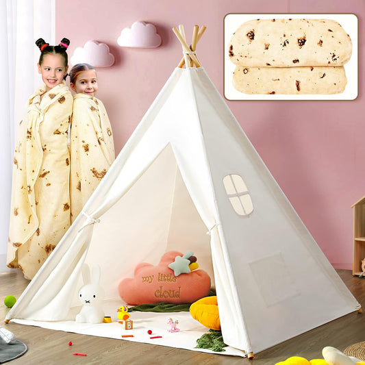 Kids Teepee Tent for Kids, Kids Play Tent for Girls & Boys, Gifts Playhouse for Kids Indoor Outdoor Games, Kids Toys House for Baby with Colored Flag & Feathers & Blanket