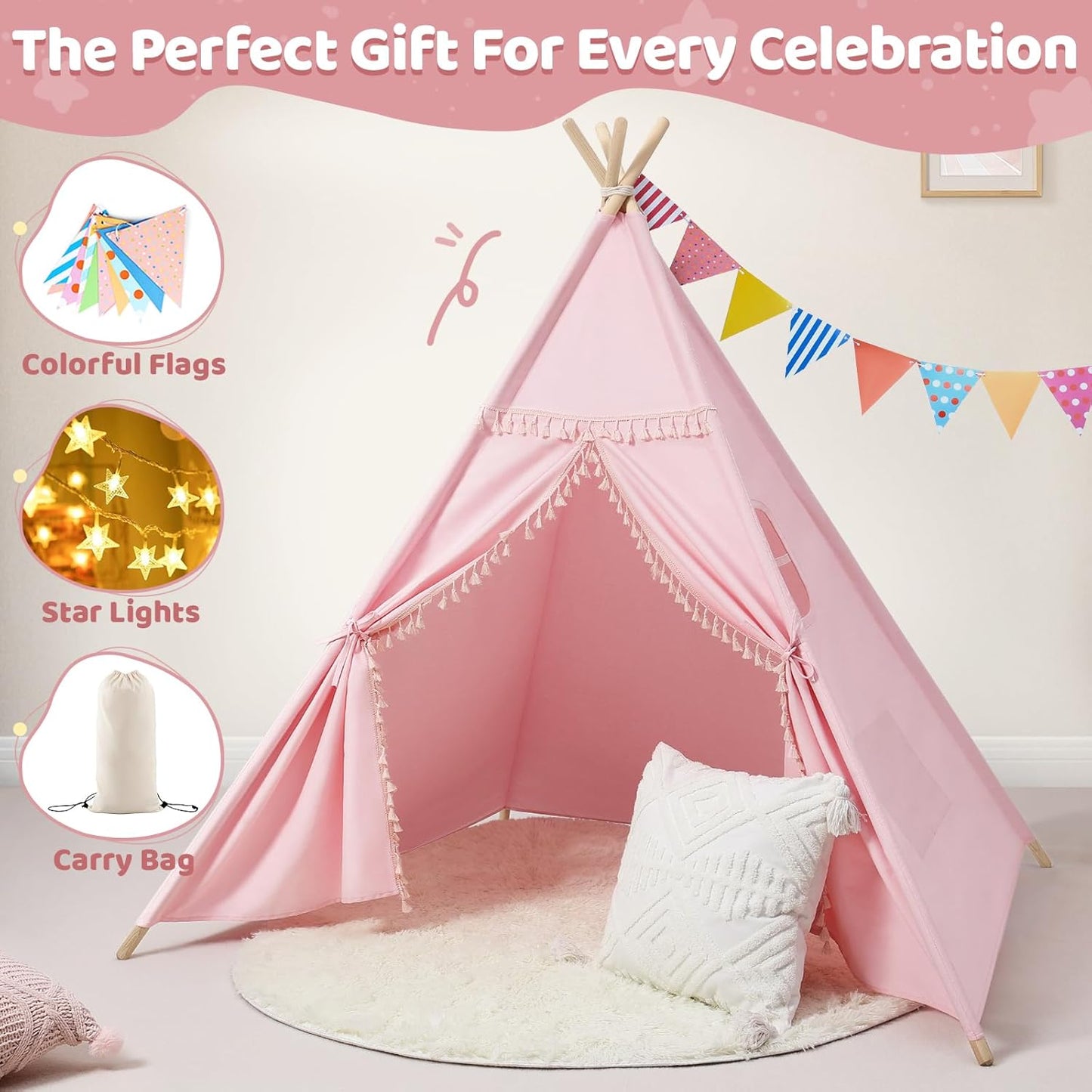 Sumbababy Teepee Tent for Kids Indoor – Cotton Canvas Play Tent with Tassel Trim, Foldable Toddlers Tent for Girls, Ideal Gift with Star Lights, Banner & Carry Bag (Pink)
