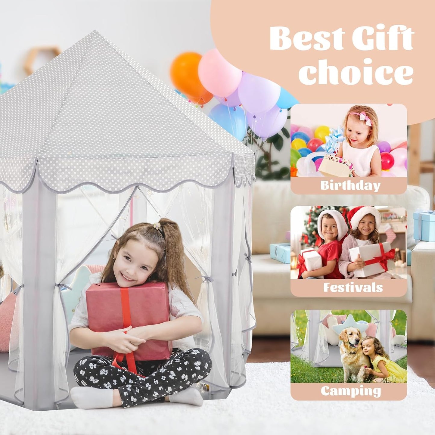 Princess Castle Tent for Girls Fairy Play Tents for Kids Blue Hexagon Playhouse with Fairy Star Lights Toys for Children or Toddlers Indoor or Outdoor Games (Grey Princess Tent)